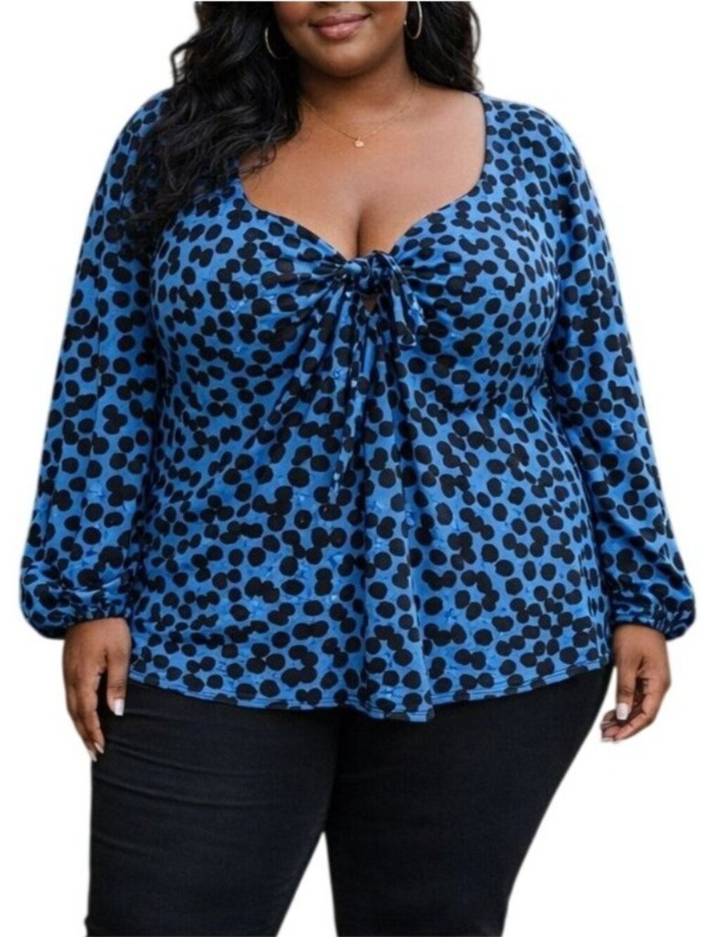 Ava & Viv Plus Size 4X Top Blue Black Polka Dot Long Sleeve Blouse Bow Detail